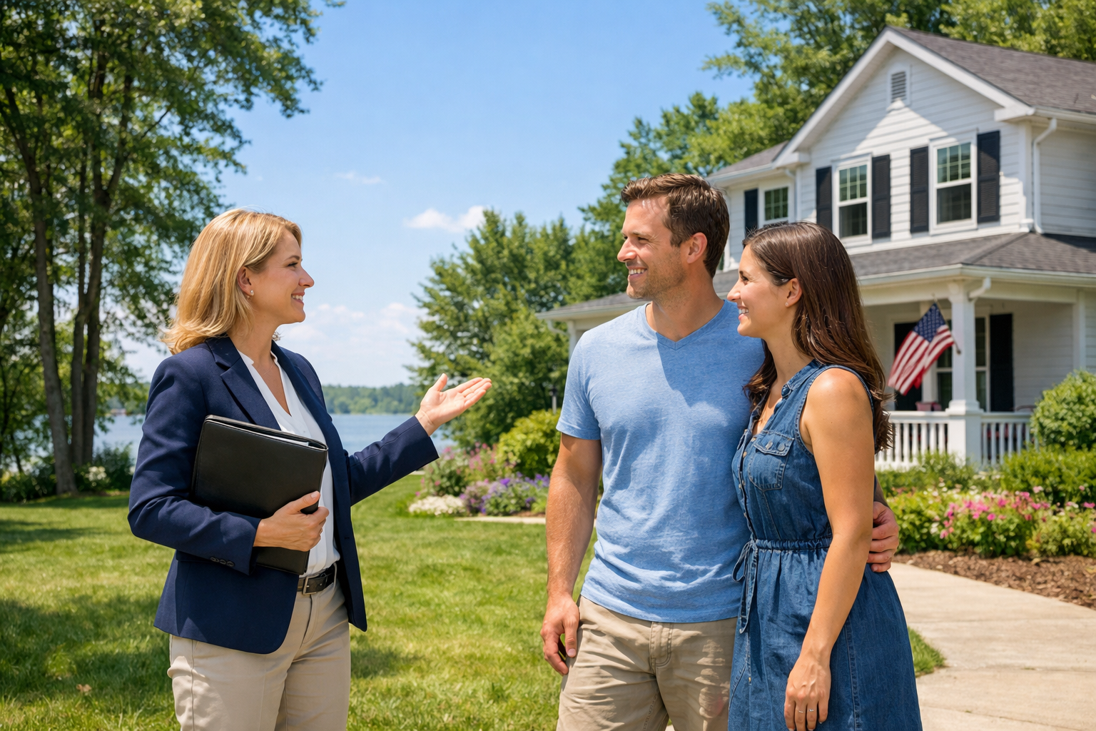 photographic Realtor with home buyers outside should look like a summer Michigan day without for sale sign